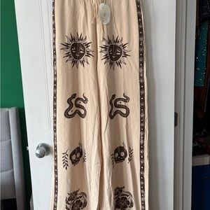 BNWT Bohemian Cream and Brown Wide-Leg Linen Pants